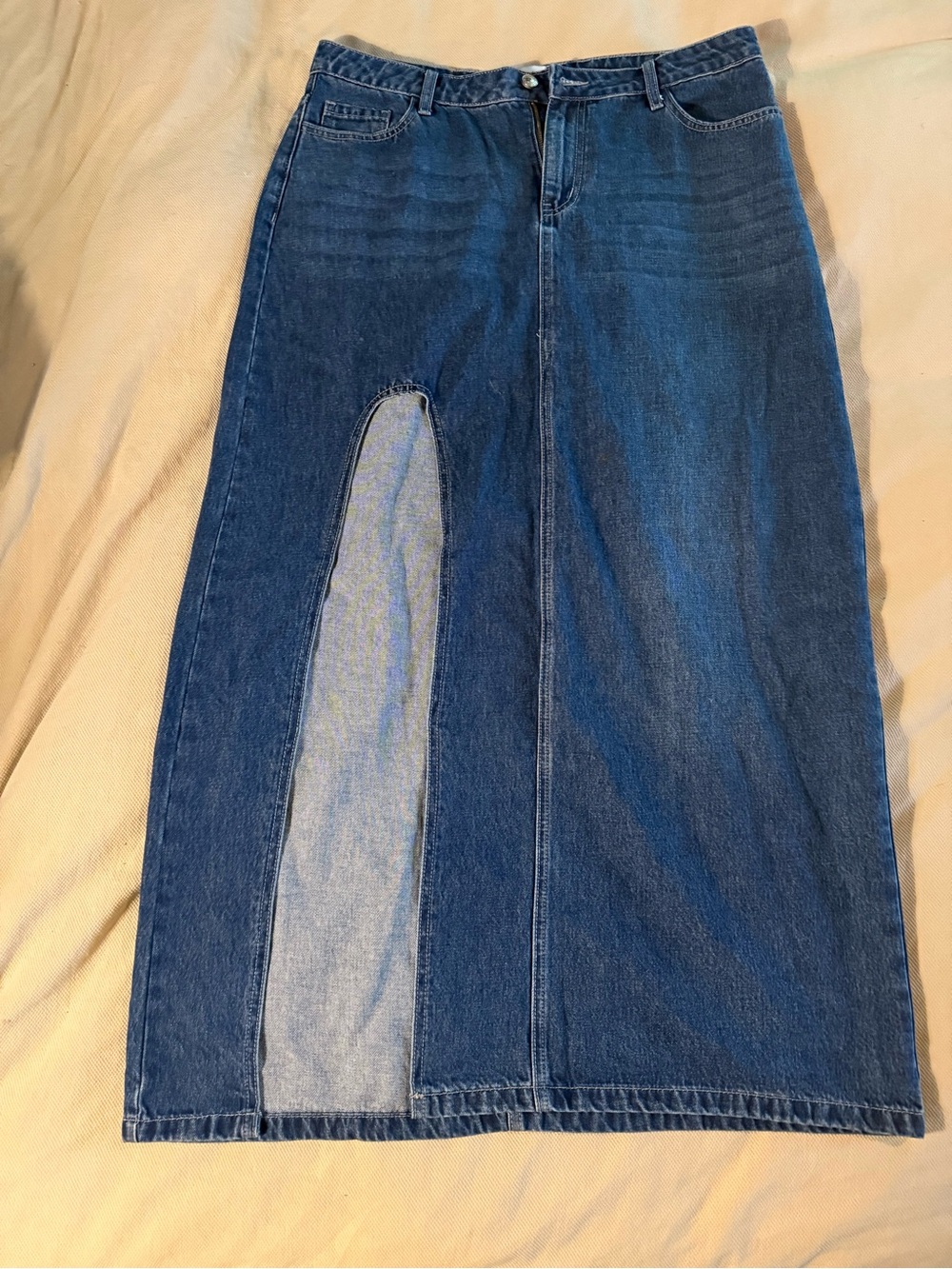 Princess Polly Dark Blue Denim Maxi Skirt with Front Panel Slit